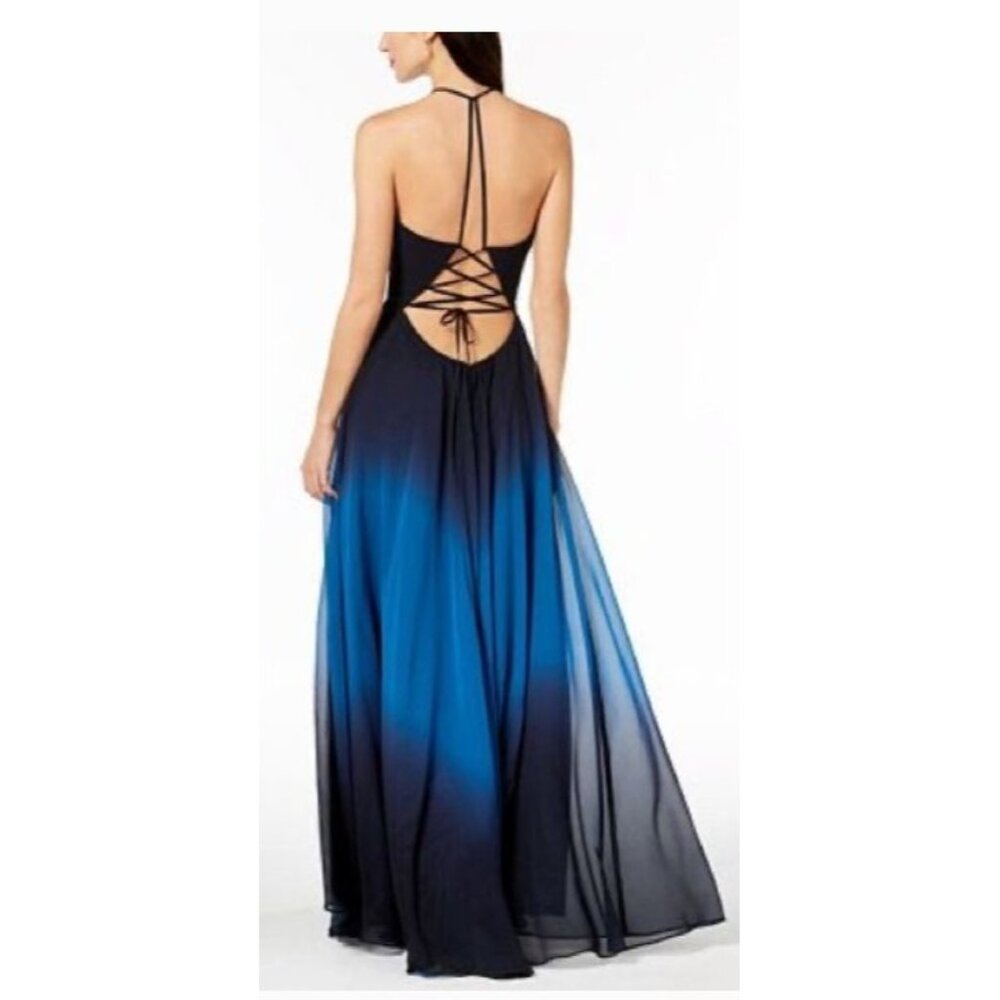 Betsy & Adam Formal Maxi Dress Ombre Blue & Black Chiffon Lace up Open Back Sz 6 - Picture 3 of 15